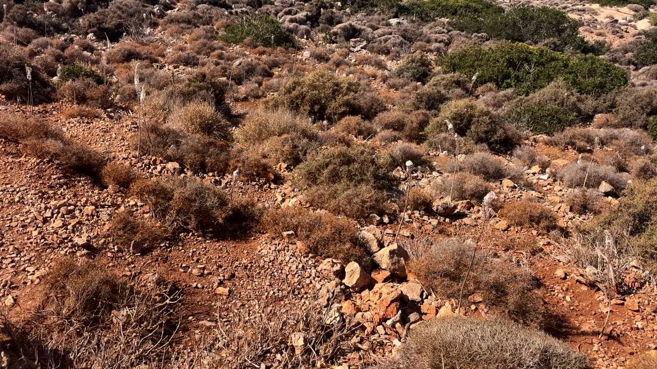 Dry rugged terrain with scattered bushes in a rocky mountain area of Crete Greece