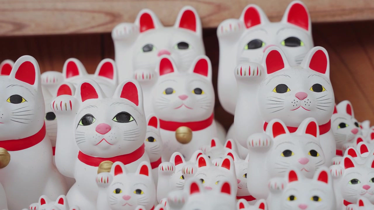 Lähikuva video sadoista ikonisista Maneki Neko -onnenkissapatsaista Gotokuji-temppelissä Tokiossa, esitellen maan kuuluisimpia onnen, vaurauden ja perinteisen japanilaisen kulttuurin symboleja.