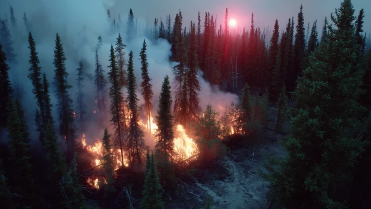 Una rappresentazione drammatica di un incendio boschivo al crepuscolo: l'intensità delle fiamme che illuminano il paesaggio fumoso e gli alberi imponenti sotto un sole al tramonto