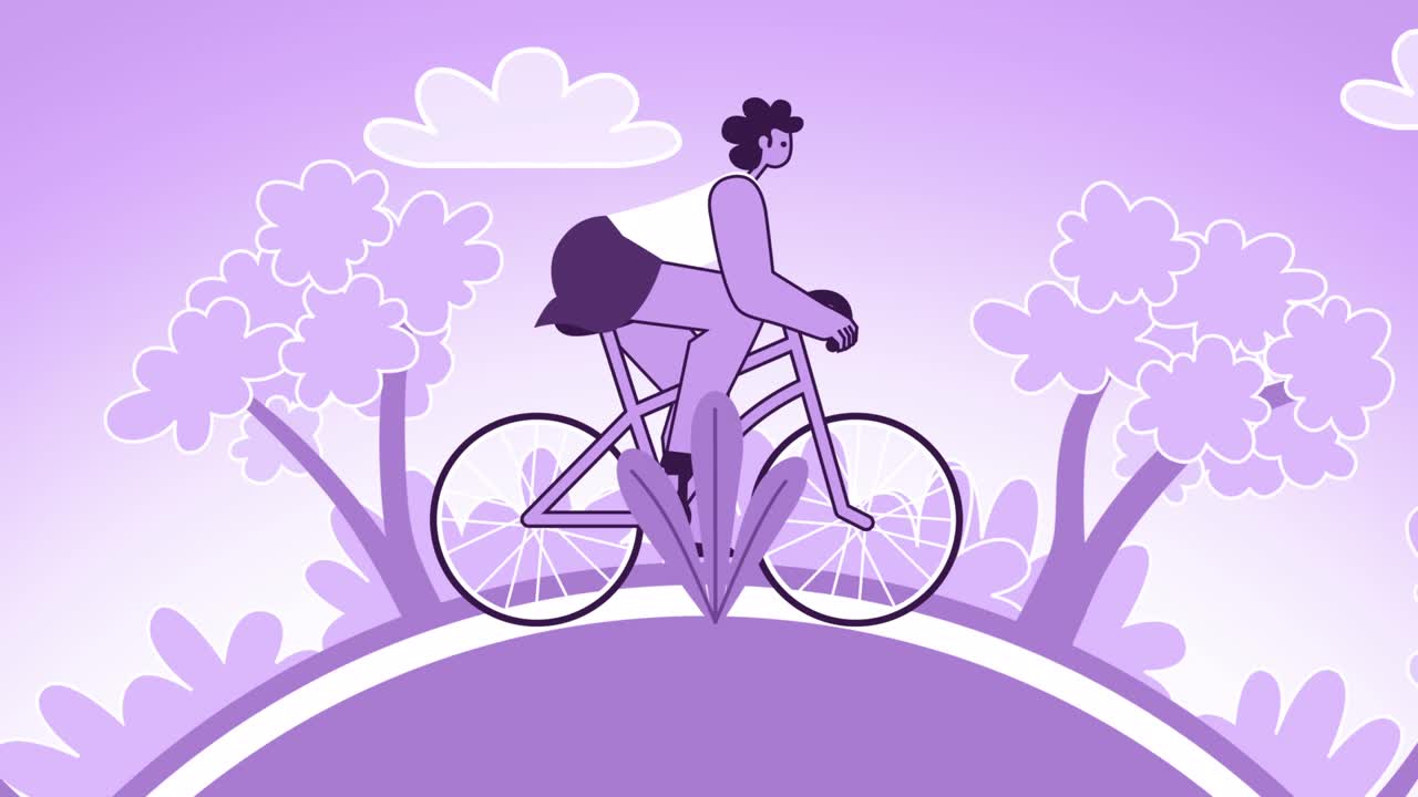 фиолетовый стиль женщина плоский характер на открытом воздухе езда на велосипеде цикл анимации
