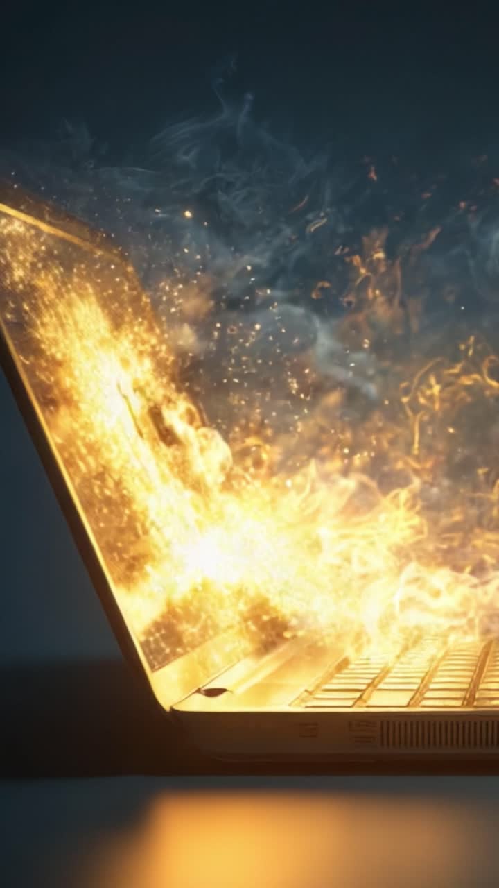 Et fængslende billede af en laptop, der udløser livlige energibrister og viser en blanding af funklende flammer og hvirvlende røg, der repræsenterer en fusion af teknologi og kreativitet