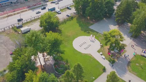 wedding venue with benches in picturesque park bird eye view