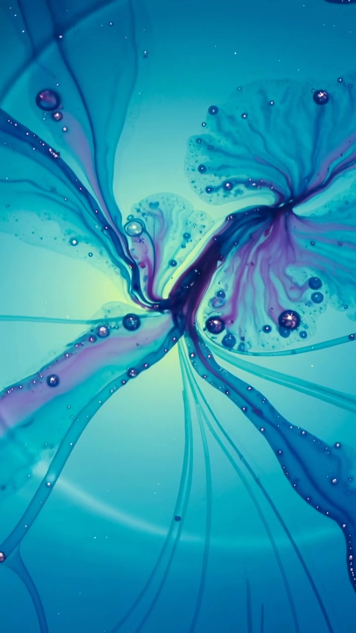 Vertical video: Concentric rings sparking teal and purple dyes opening on LED dish, forming bloom