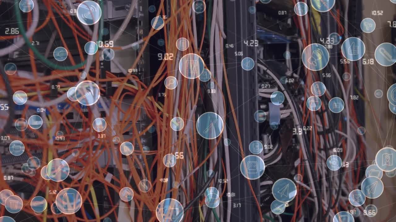 Animation of digital icons and numbers changing over cables in computer servers in background