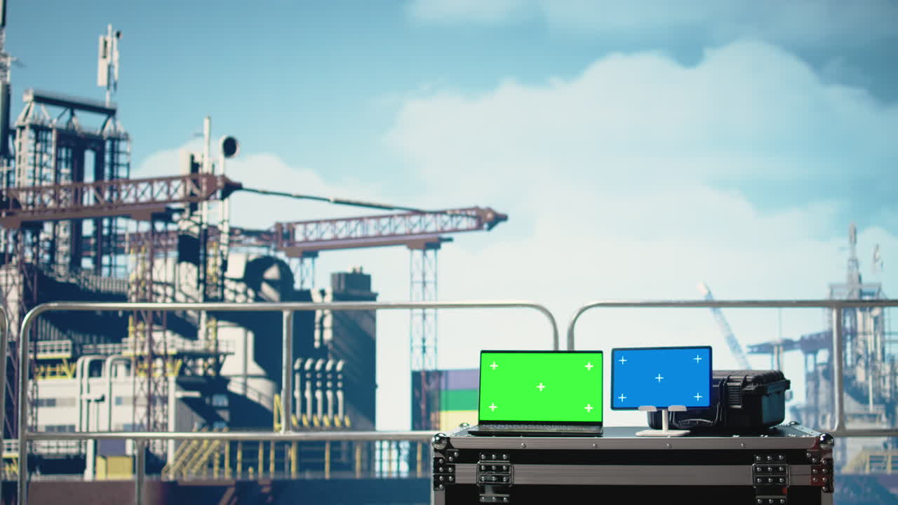 Vertical video Chroma key laptop and mockup laptop on offshore platform