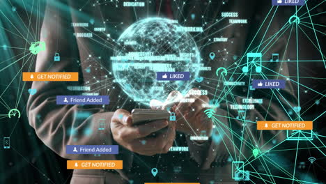 animation of social media text on banners with digital icons over globe and sman with smartphone