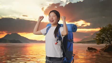 happy hiker at sunset