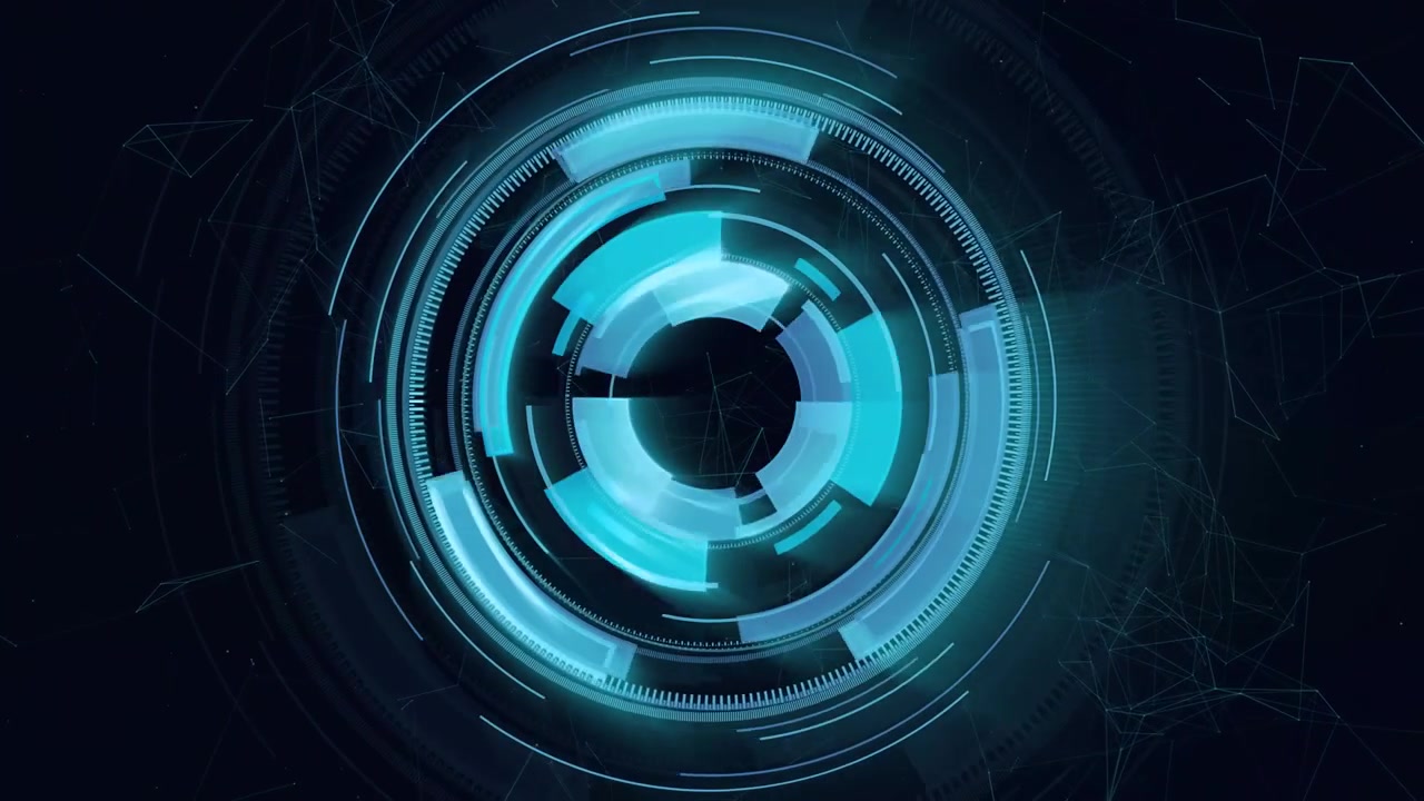 Futuristic circular HUD starting up, expanding cyan arcs and rings, forming final HUD