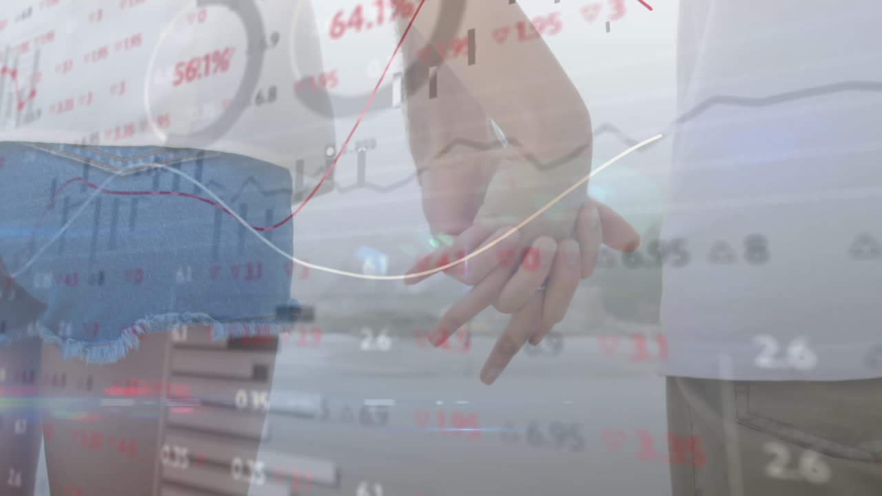 Animation of financial data processing over caucasian people holding hands