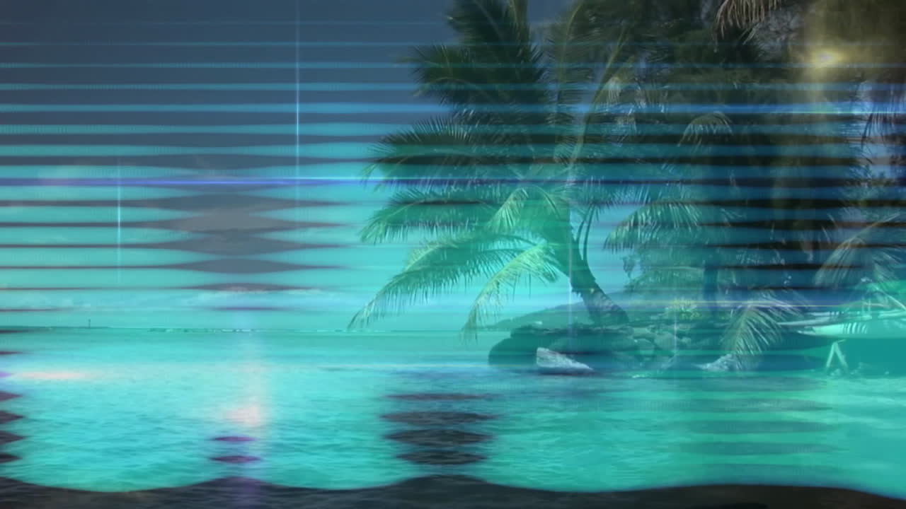 Blue striped pattern overlaying tropical beach scene with palm trees