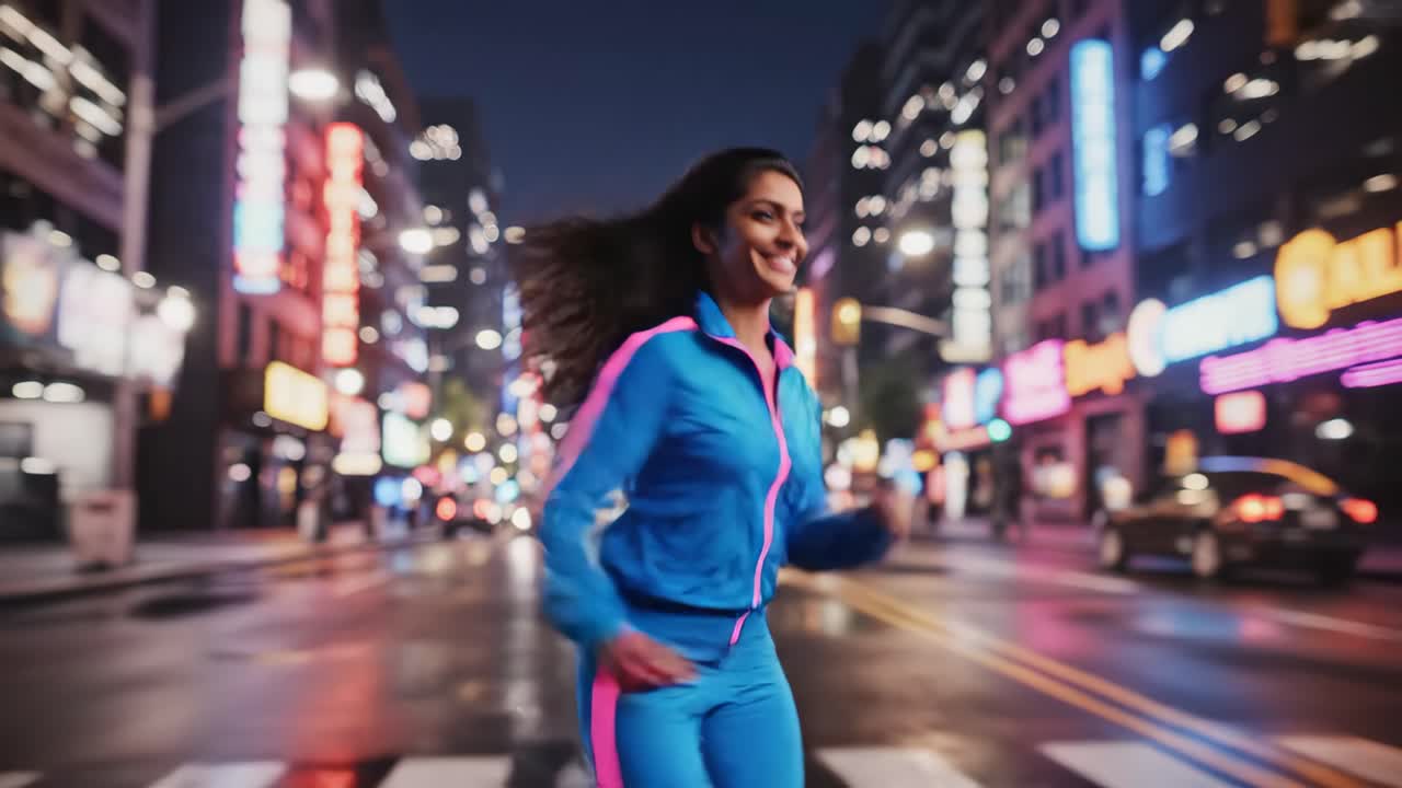 Woman Running in a City Street at Night