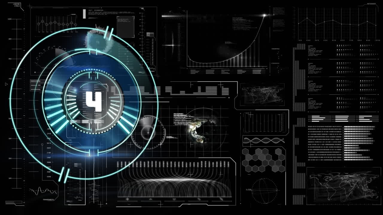 Animation of scope scanning and data processing on black background