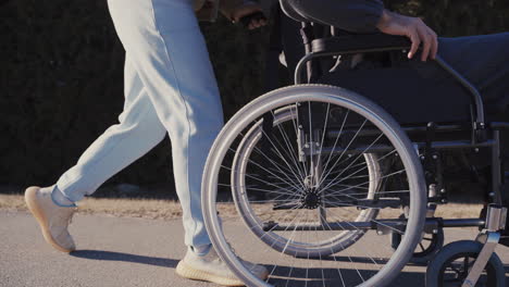 young man walking while pushing his disabled friend in wheelchair and laughing together