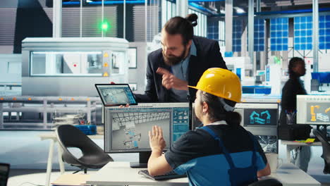 ingeniero de fábrica de fotovoltaica trabaja en software cad, tormenta de ideas con el gerente