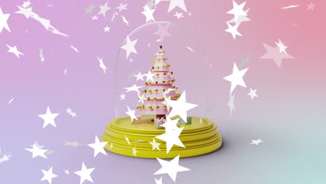 Animation-Von-Sternen,-Die-über-Die-Weihnachtsbaum-Schneekugel-Auf-Rosa-Hintergrund-Fallen