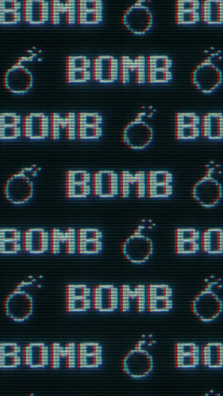 Retro video glitch effect with repeating 'BOMB' text and crossed-out symbols