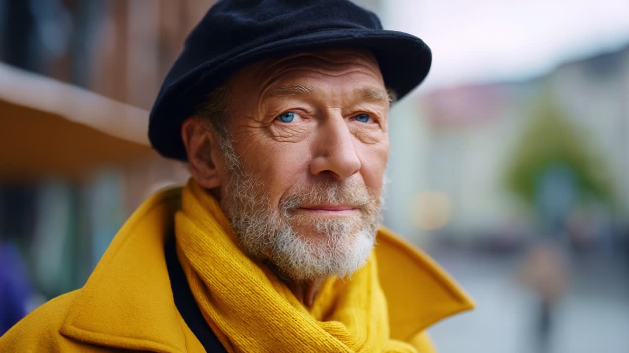Un uomo anziano con una sciarpa e un cappello gialli che sorride raggiante con penetranti occhi azzurri, in piedi in un contesto cittadino durante una giornata tranquilla