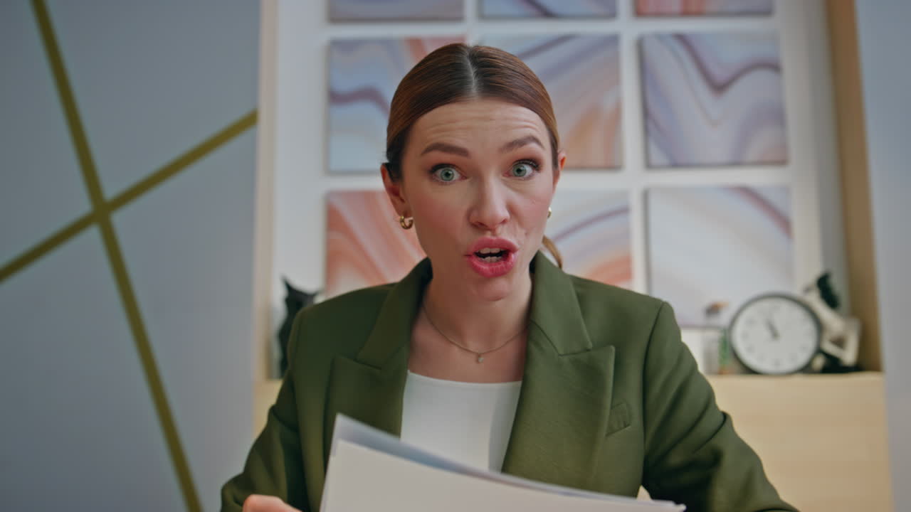 Nervous girl having video call modern room portrait. Mad woman throwing sketches