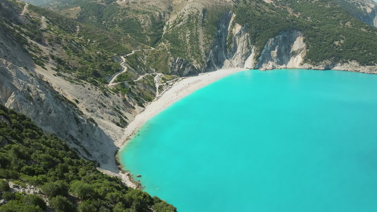 Establishing shot of idyllic Turquoise colored water from Myrtos Beach in Kefalonia Island