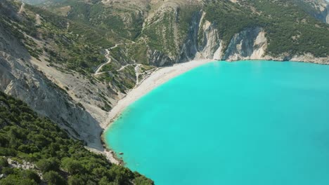 Establishing-shot-of-idyllic-Turquoise-colored-water-from-Myrtos-Beach-in-Kefalonia-Island