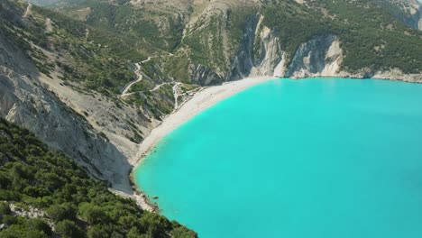 establishing shot of idyllic turquoise colored water from myrtos beach in kefalonia island