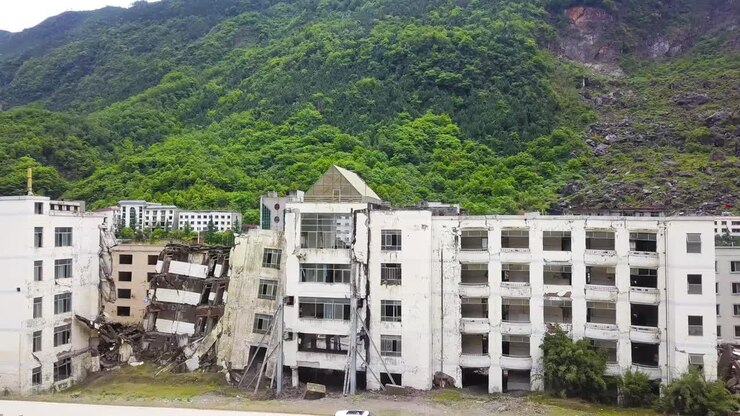 Aerial shot of dilapidated buildings in Lidung County, Sichuan Province, China, after the earthquake