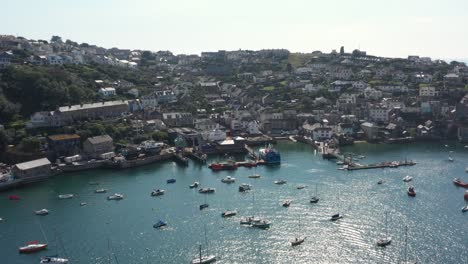 Push-in-aerial-view-of-Polruan-harbour,-Cornwall,-UK