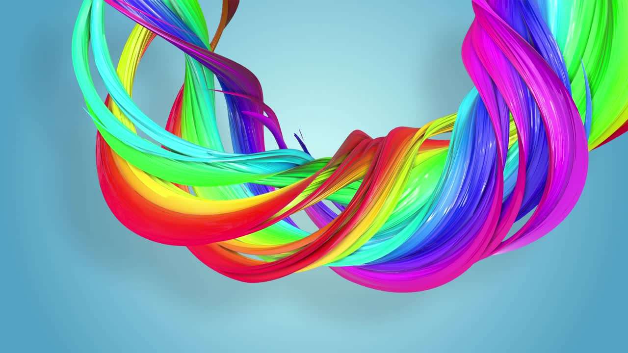 다채로운 리본을 가진 추상적인 무 은 배경: 무지개 줄무는 원으로 움직이고 휘어집니다.