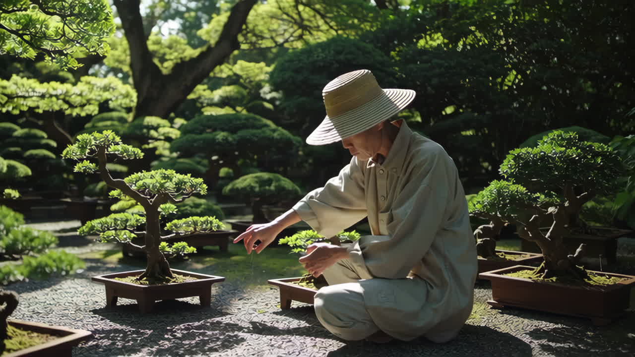 Bonsai Artist Caring for Miniature Trees in a Japanese Garden