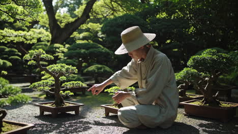 bonsai artist caring for miniature trees in a japanese garden