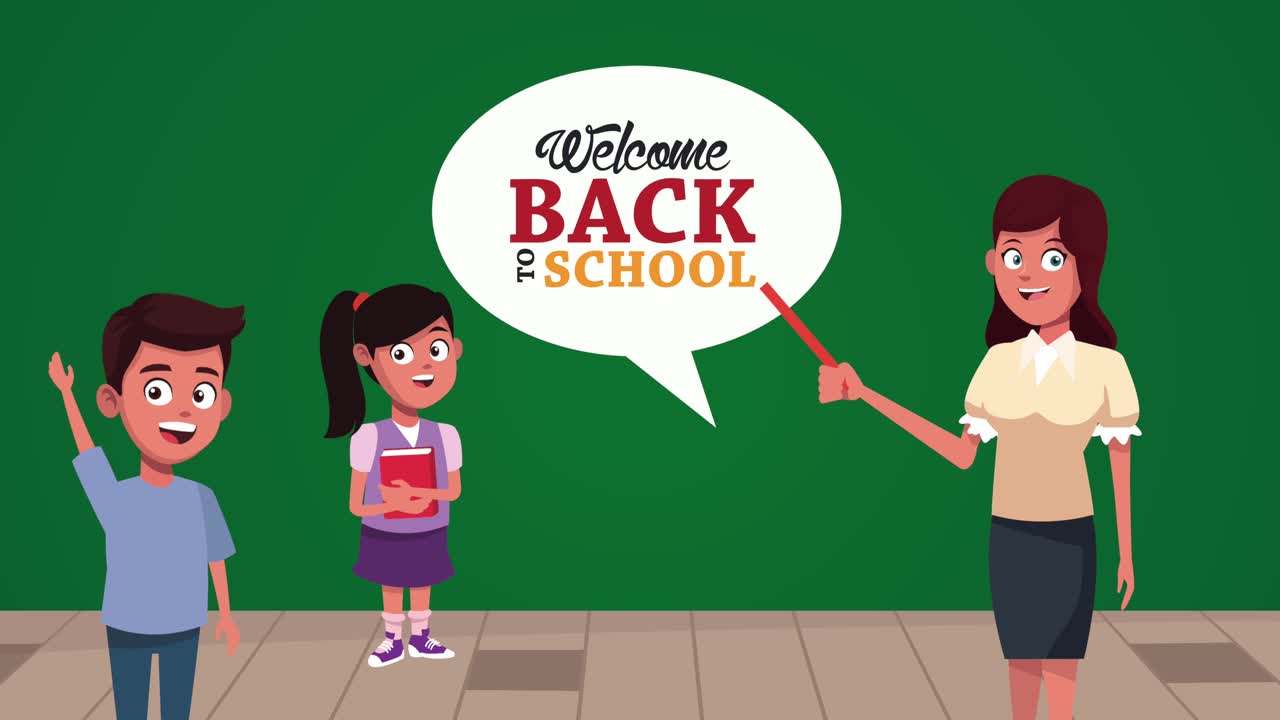 여자 교사와 학생들과 함께 학교로 돌아가는 애니메이션