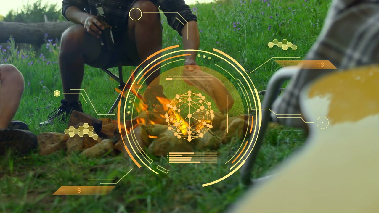 Pulsing HUD urging man tending fire, stoking logs to keep flames, HUD tracking fire, camping guitar