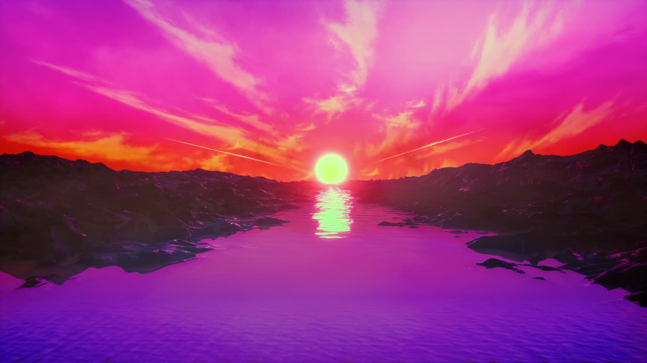 Retro 1980S Animation With Rocks, River, Sun And Cyberpunk Pink