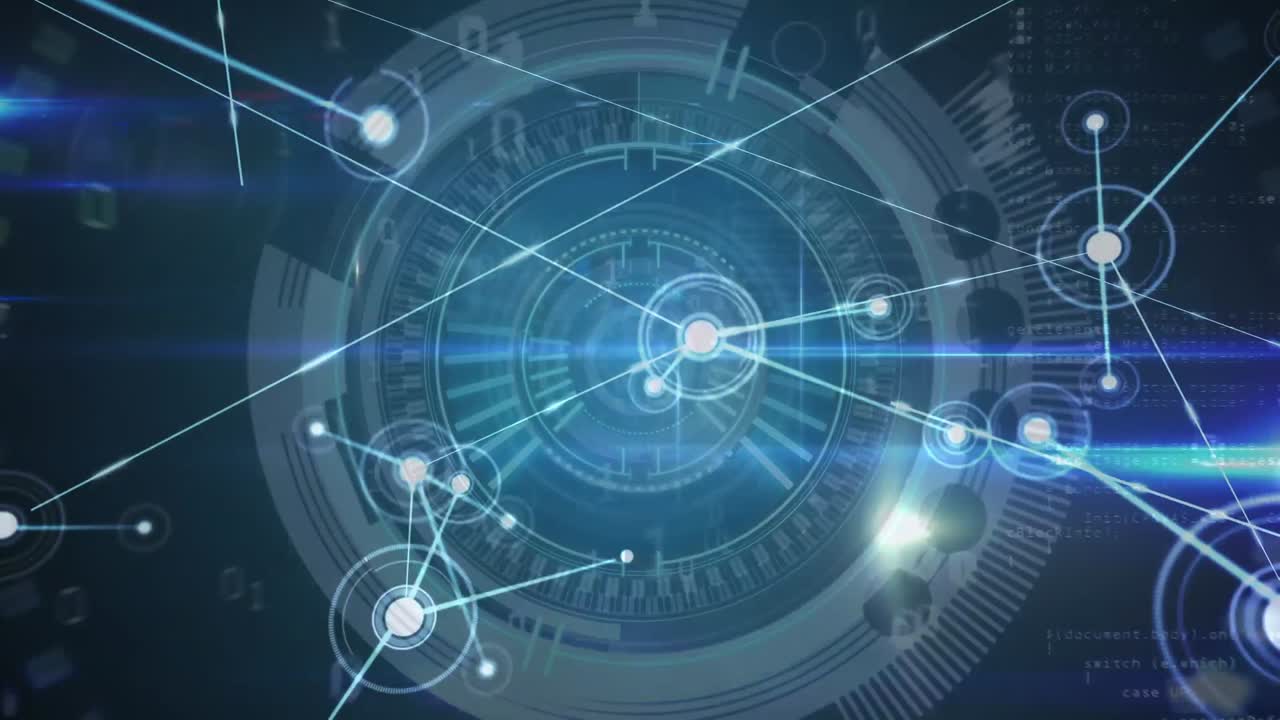 검은 바탕에 스 ⁇  스캐닝을 통해 데이터 처리를 하는 연결 네트워크의 애니메이션