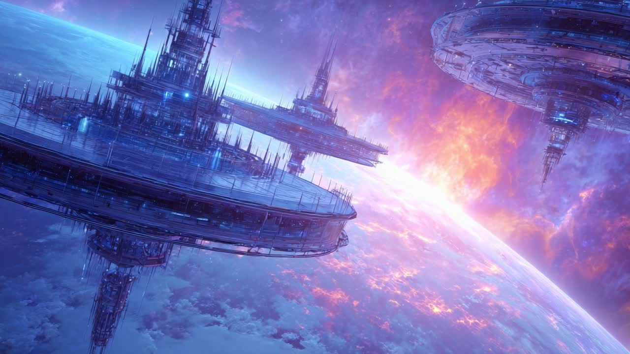 Futuristic Space Stations Orbiting a Distant Planet Surrounded by a Vibrant Cosmic Nebula, Capturing the Beauty of Extraterrestrial Environments in Stunning Detail and Color