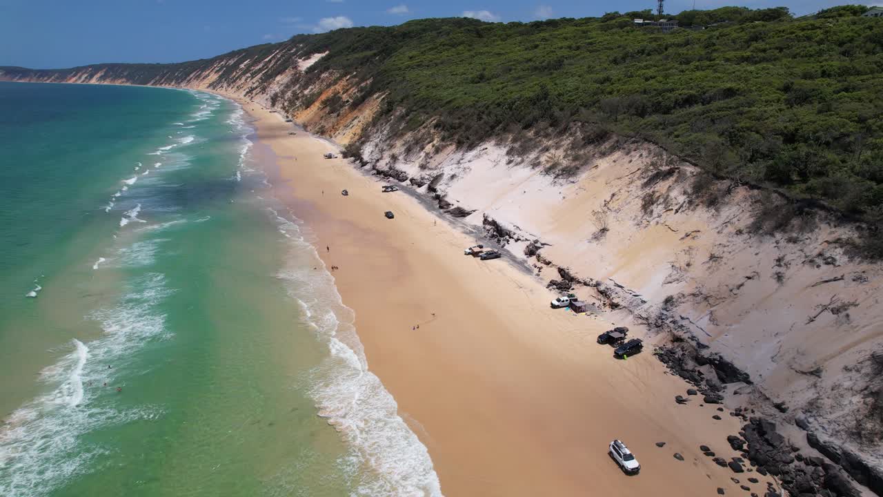 Sand Dunes And Blue Ocean At Rainbow Beach In Queensland, Australia - Drone Shot