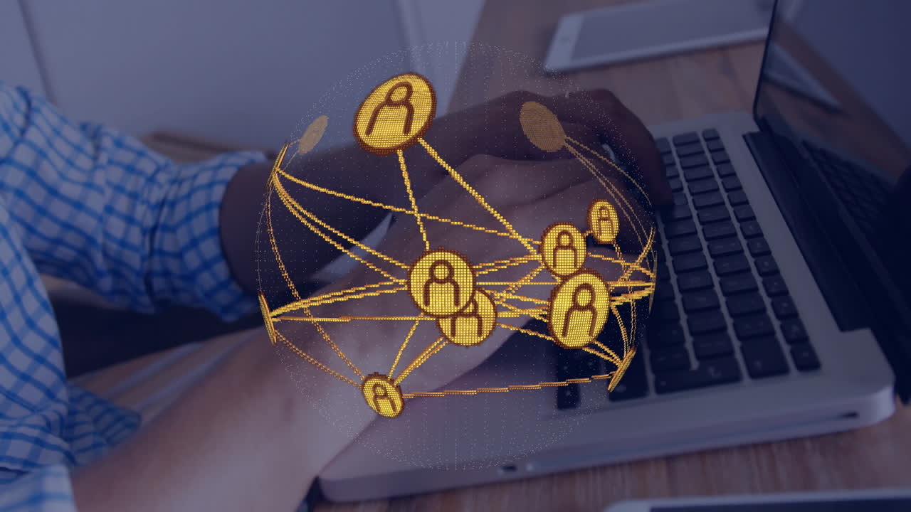 Network of connections and data processing animation over person using laptop