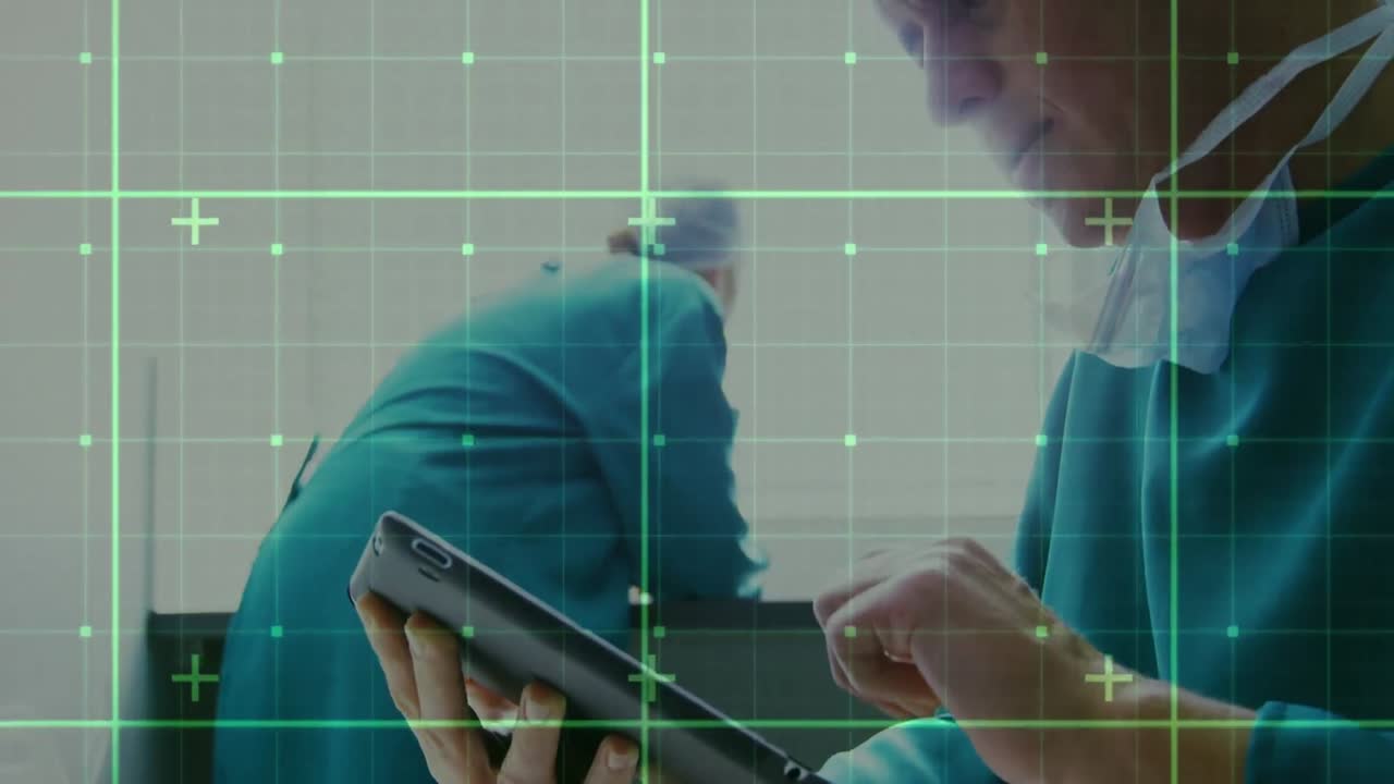 다양한 남성과 여성 외과 의사들의 줄을 움직이는 것