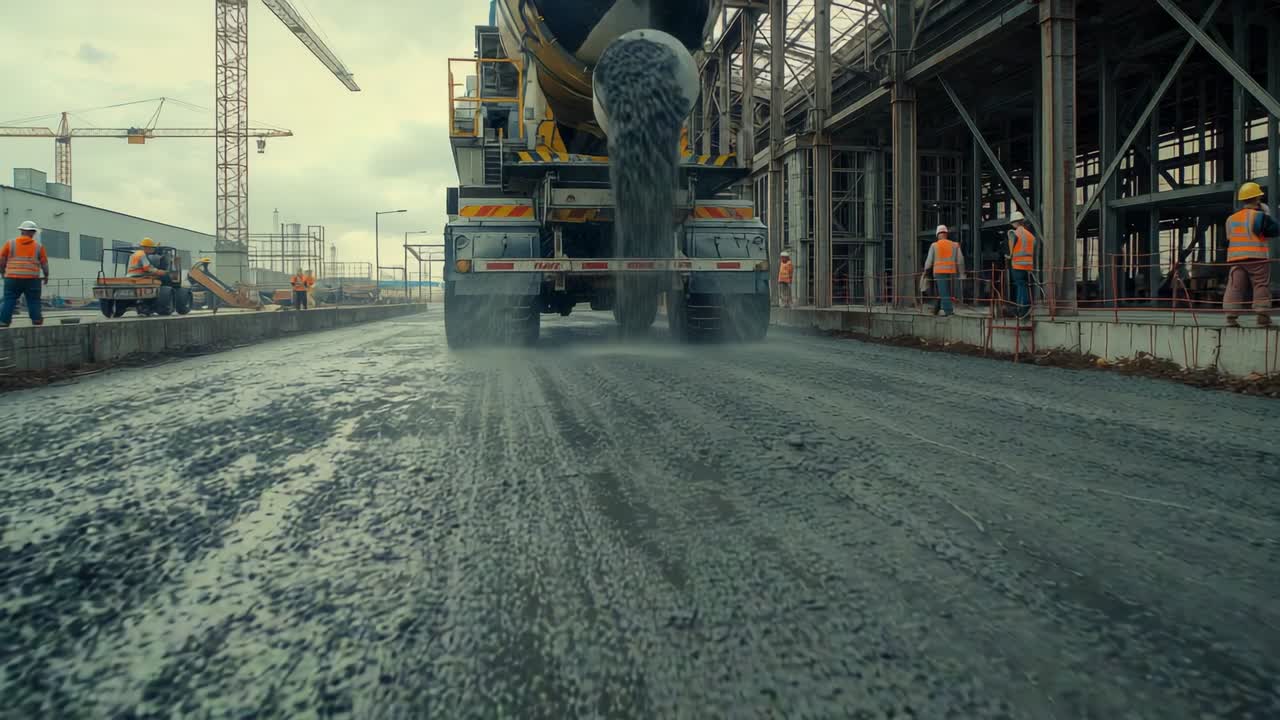 Rotating mixer drum pouring concrete onto gravel subbase at roadwork, with workers guiding