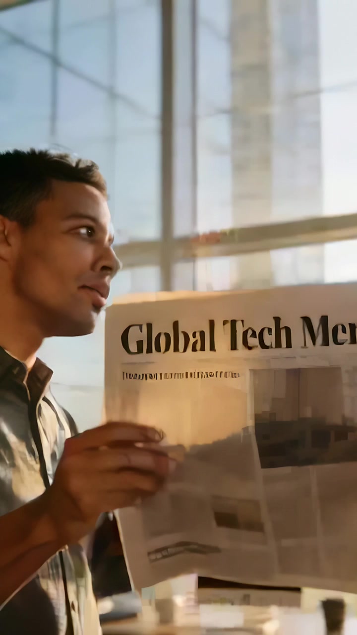 Vertical video: Reacting to cue, man in shirt holding newspaper and speaking at desk, copy space