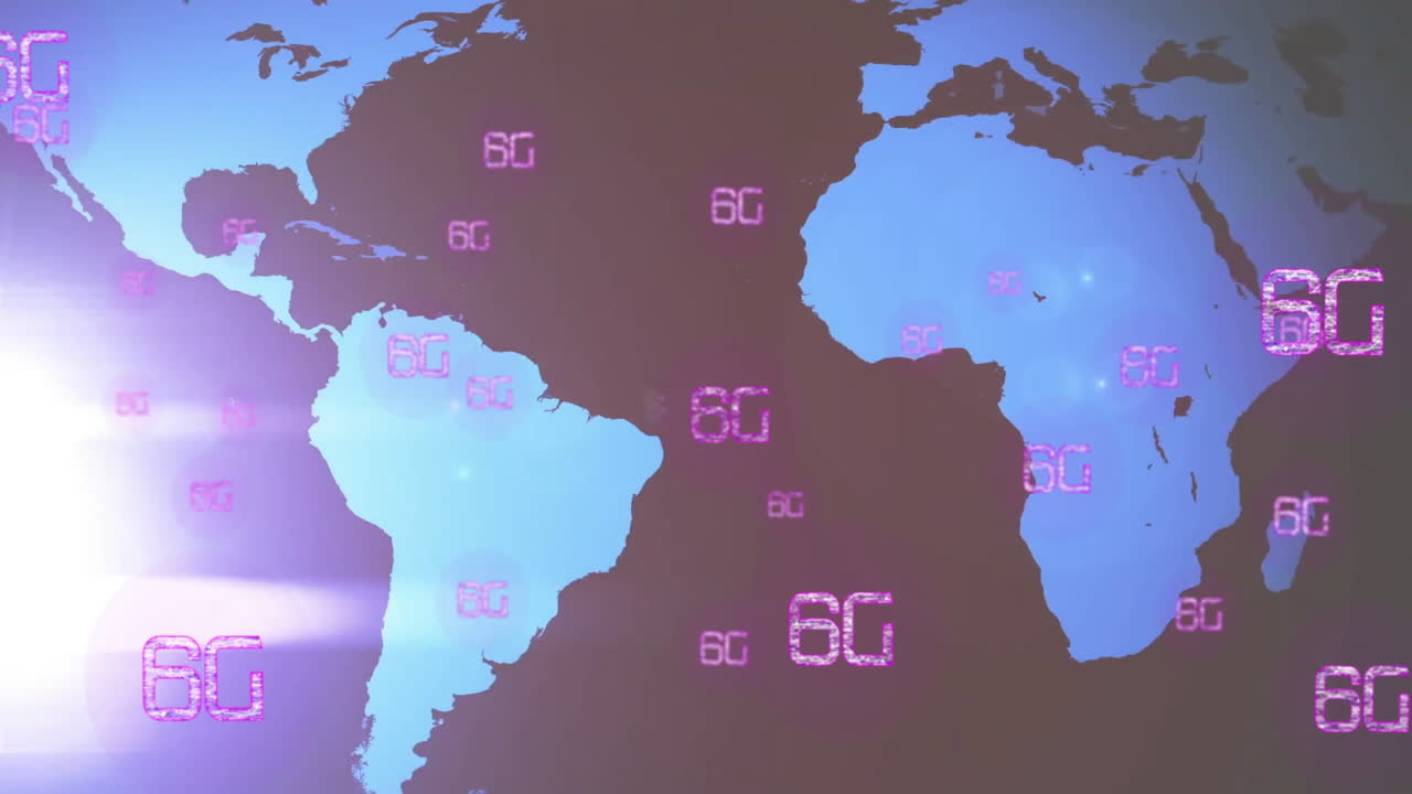 animando texto 6g sobre el mapa del mundo, destacando los avances de conectividad global