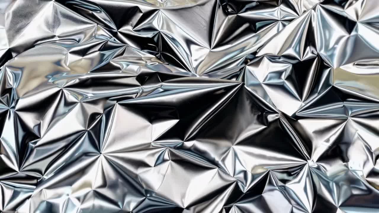Närbildsvideo av skrynklig silverfolie som fångar invecklade texturer och reflektioner