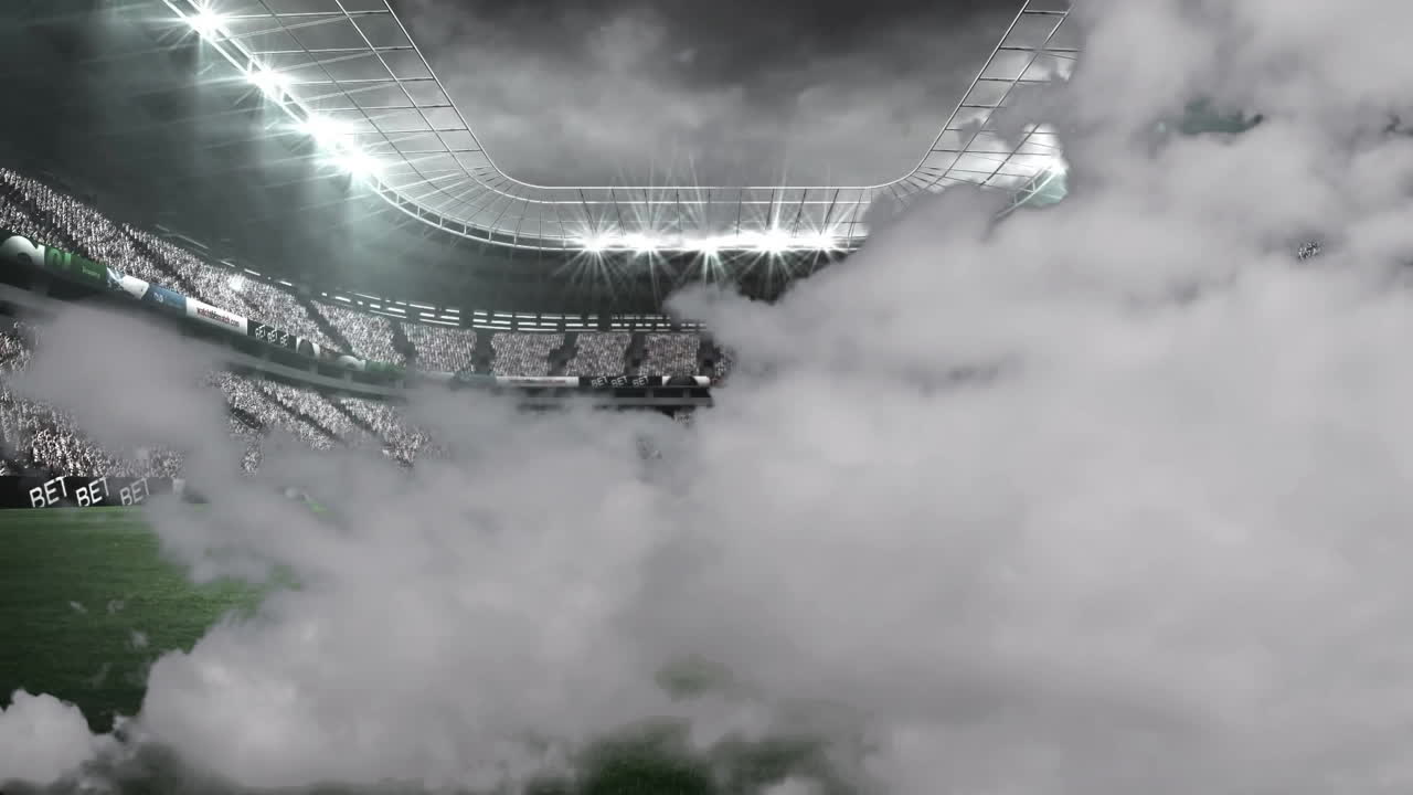 Fog enveloping stadium under bright lights, creating mysterious animation atmosphere