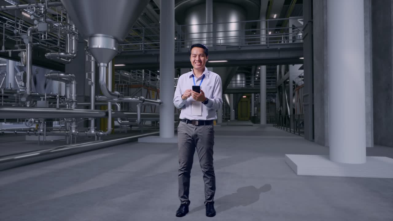 Full Body Of An Asian Male Professional Worker Standing With His Smartphone in Distillery Interior with Large Fermentation Tanks, He Is Looking At The Camera With A Smile