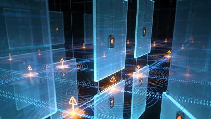 Pulsing glass panels and alert icons emitting orange ripples across virtual grid with binary strips