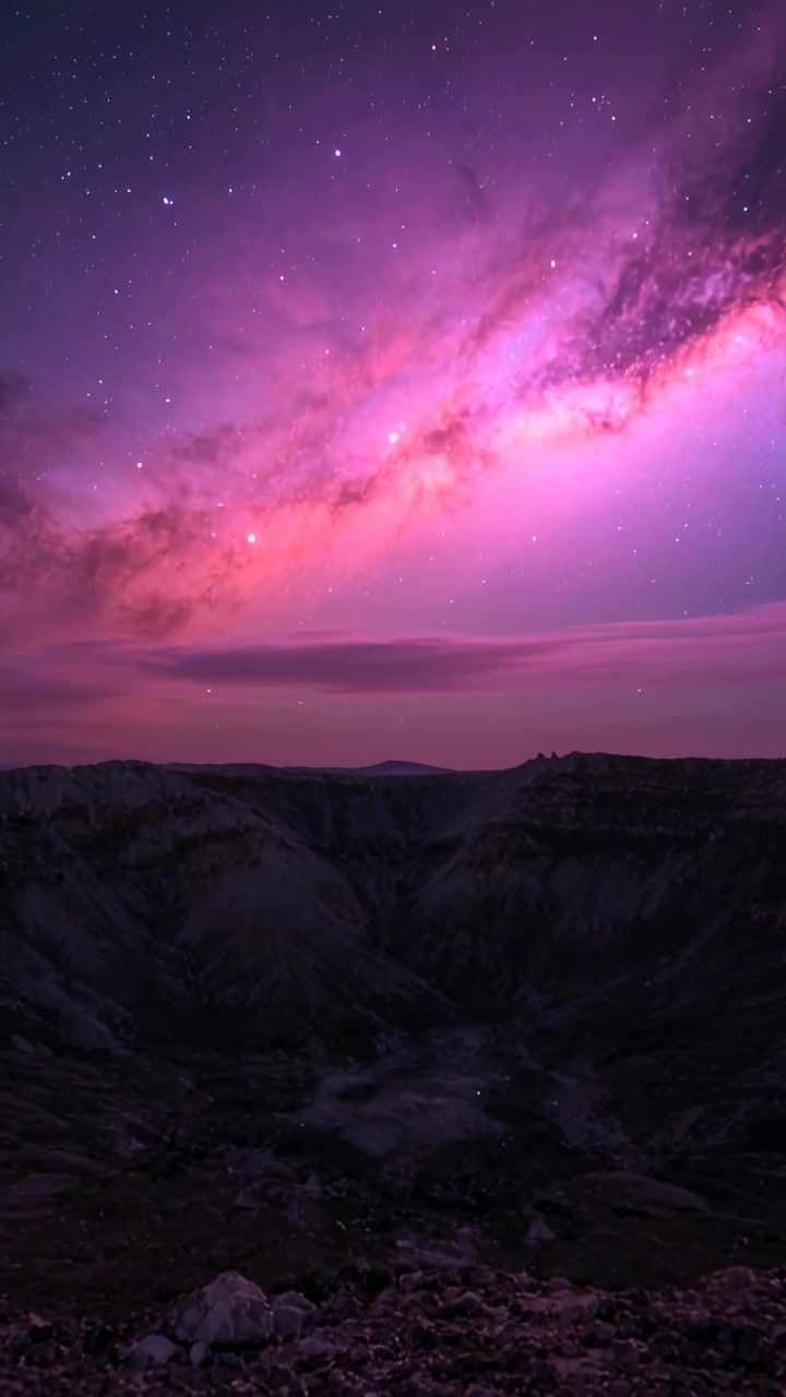 Video verticale: Inizio panoramica della telecamera, fascia di cielo viola che si sposta sopra un cratere di notte, mostrando scie stellari.