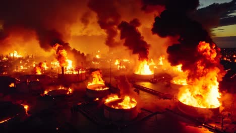 un gran grupo de tanques de petróleo en llamas en una refinería de petróleo