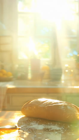 freshly baked bread in a sunlit kitchen in early morning. three loaves of freshly baked bread rest on a wooden board as sunlight streams through kitchen windows, creating a warm and inviting atmosphere.