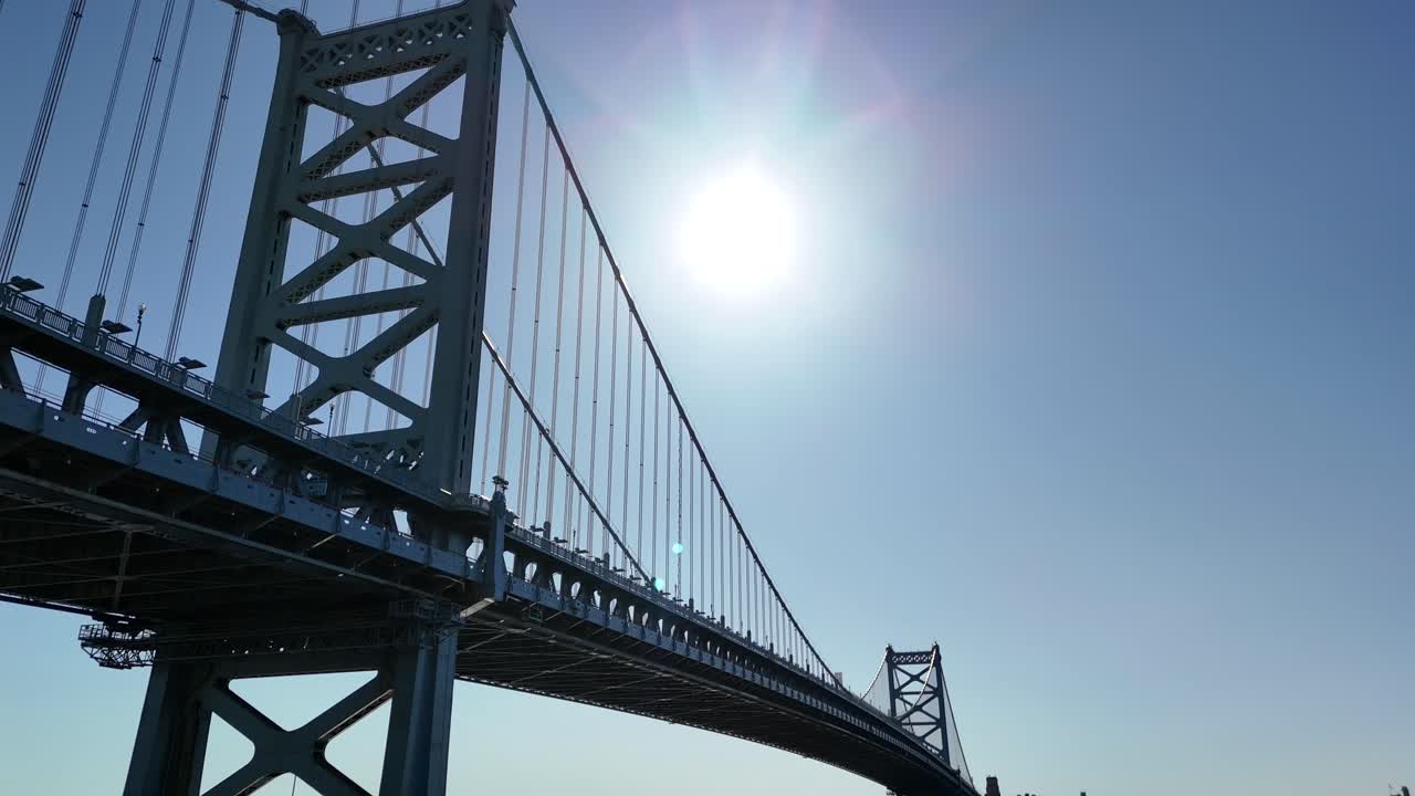 Ben Franklin Bridge taken at high noon from below the bridge with a drone