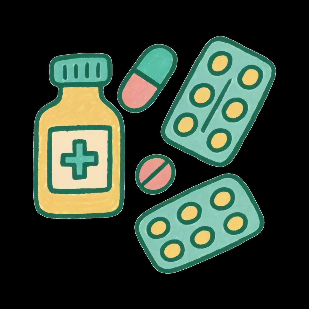 Colorful illustrated medicine icons animation isolated asset, transparent 4K video, alpha channel